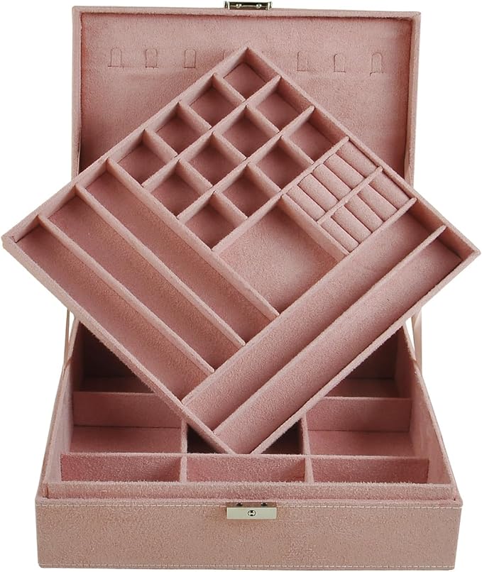 Jewelry Boxes 10 x 10 Inches 2-layer Handle Necklace Holder Organizer Jewellery Women Rings Storage Display Girls Earrings Case Lockable Jewelry Tray GY641 (Pink)