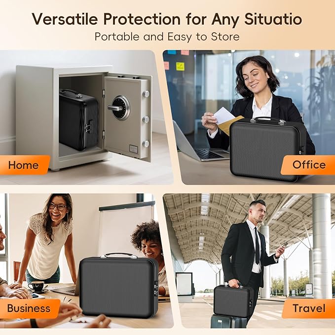 Fireproof Document Box with Lock, Waterproof Hard Shell File Organizer with Accordion Folder, Portable Fireproof File Safe Box for Home Office Storage of Documents, Laptop, Cash & Passports