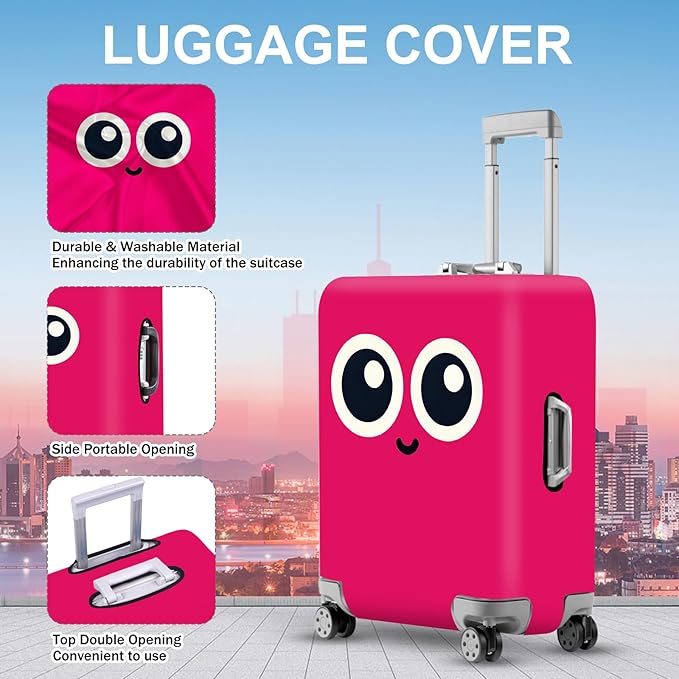ANNA QUEEN Cute Smiley Face Luggage Cover, Pink Cartoon Suitcase Protector with Big Eyes Design, Stretchable, Washable Travel Cover for 32-34 Inch Luggage