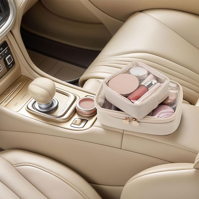 Pocmimut Mini Makeup Bag with Small Cosmetic Bag Travel Essentials Organizers,TSA Approved Toiletry Bag Makeup Pouch Clear Cosmetic Bags for Women,Beige