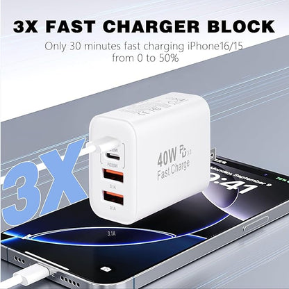 iPhone 17 16 Charger,40W Multiport USB C Charger Fast Charging Block,2Pack 4-Port Type C Phone Chargers 10FT Long Type C Charging Cable for iPhone 17 Pro/17 ProMax/17 Air/16 ProMax/16e/15 Pro/15 Plus