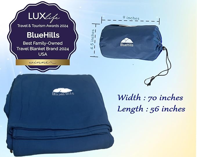 BlueHills Ultra Compact Travel Blanket 2 Pack Large Soft Cozy Portable Blanket Sheet with Carry Case and for Flight Airplane Car Layover Camping Hotel Blue C203-2PK-Navy
