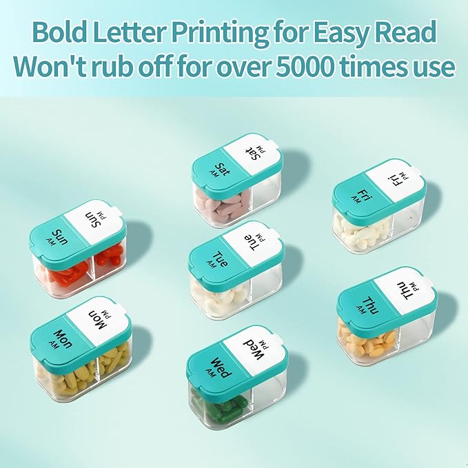 Daviky Large Weekly AM PM Pill Organizer - 7 Day, 2 Times a Day With Extra Large Compartments for Vitamins, Medicine, Supplements (Cyan)