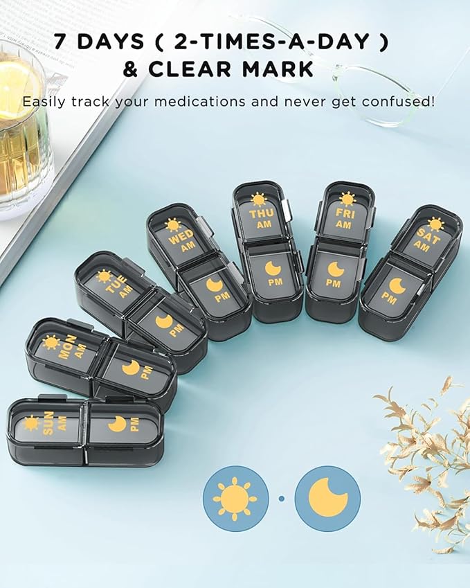 Pill Organizer 2 Times A Day, 7 Day Am Pm Pill Box - Acedada Weekly Pill Organizer Twice A Day, Portable Removable Daily Medicine Container Dispenser Case for Vitamin Fish Oil Supplement, Black Grey