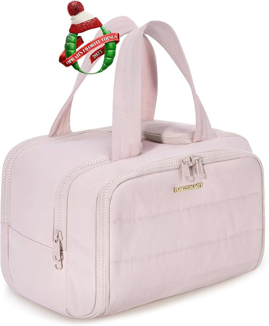 BAGSMART Travel Toiletry Bag, Crush Toiletry Bag for Women, Wide-open Puffy Toiletry Bags for Traveling, Large Travel Cosmetic Makeup Bag Organizer for Accessories,Toiletrie, Pink