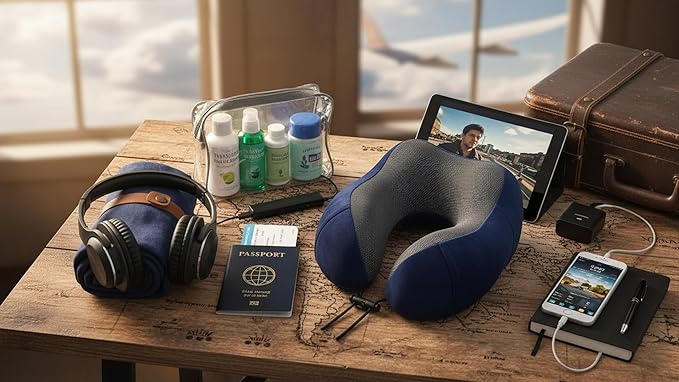 Airplane Travel Neck Pillow, 100% Memory Foam Ergonomic Neck Support, Airplanes Neck Pillow with Washable Cover Travel Essential for Flight Car & Office Includes Eye Masks, Earplugs & Carry Bag (Blue)