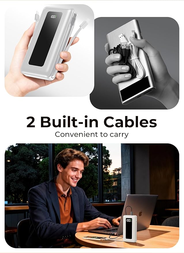 Portable Charger Power Bank, 50000mAh Travel Camping Essential Battery Pack with Built-in Cables, PD 22.5W Fast Charging, Large Capacity Portable Phone Charger for iPhone, White