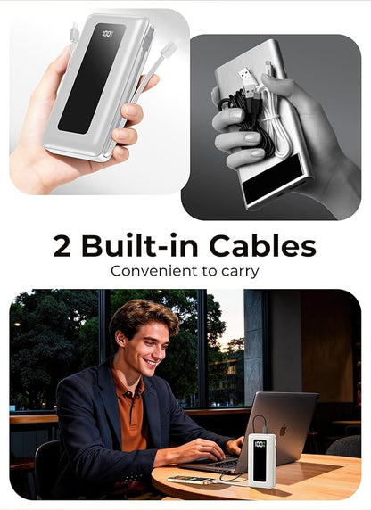 Portable Charger Power Bank, 50000mAh Travel Camping Essential Battery Pack with Built-in Cables, PD 22.5W Fast Charging, Large Capacity Portable Phone Charger for iPhone, White