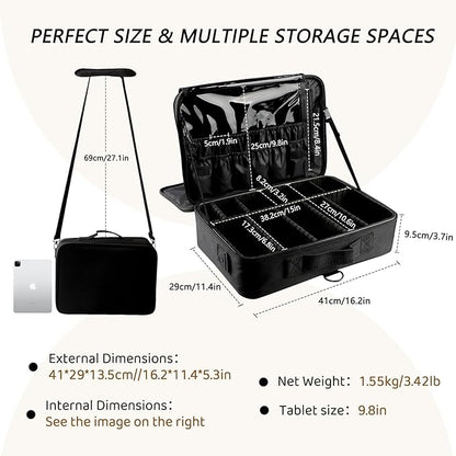 gzcz Large Capacity Travel Makeup Train Case,Professional Cosmetic Bags for Women,Portable Makeup Brush Bag Organizer Storage with Adjustable Dividers and Shoulder Strap