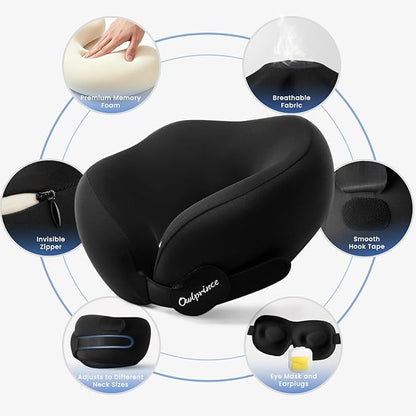Travel Neck Pillow for Airplane, Neck Travel Pillow, Upgraded Soft 100% Pure Memory Foam - Lightweight and Stowable - Ergonomic Design for Long Flights, Car, Train, Office Use