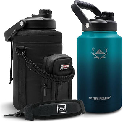 NATURE PIONEOR One Gallon Water Bottle Insulated - Large Double Vacuum Stainless Steel 128 oz Water Bottle with Holder/Carrier, 1 Gallon Water Jug,128oz, Wide Mouth