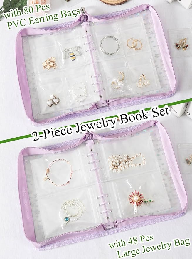 Jewelry Organizer Case Travel Clear Earring Organizer Case Transparent Jewelry Storage Book with Clear Zippered Jewelry Pouch (Purple, Set Pack of 2 Jewelry books)