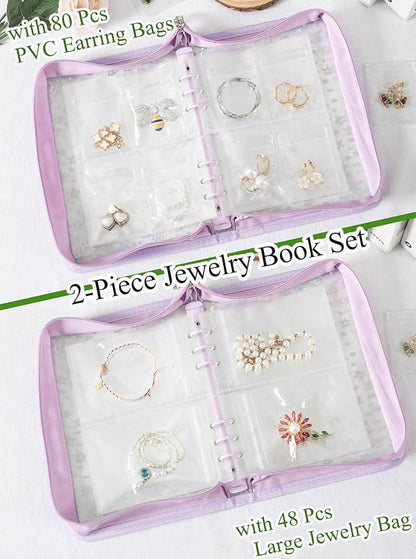 Jewelry Organizer Case Travel Clear Earring Organizer Case Transparent Jewelry Storage Book with Clear Zippered Jewelry Pouch (Purple, Set Pack of 2 Jewelry books)