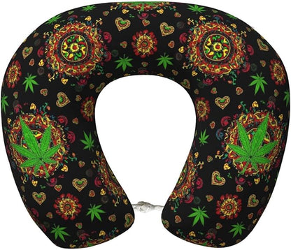 Unique Travel U Shaped Pillows Trippy Green Weedleaf Leaf Art for Airplanes Car Flight, Comfortable Chin Head Neck Cushion Supporting, Polyester Removable Cover