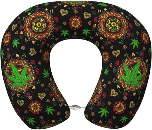 Unique Travel U Shaped Pillows Trippy Green Weedleaf Leaf Art for Airplanes Car Flight, Comfortable Chin Head Neck Cushion Supporting, Polyester Removable Cover