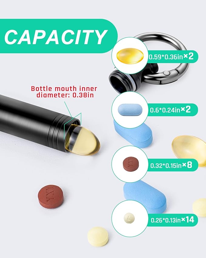 TISUR Small Keychain Pill Holder ，Titanium Metal Travel Pill Case Portable Pill Organizer Container for Purse Waterproof EDC Medicine Bottle C34 (1PC Tiny Pill Case-Black)