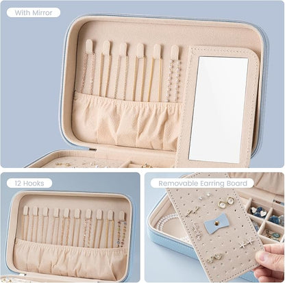Lolalet Travel Jewelry Case for Women Girls, Travel Jewelry Organizer Box with Mirror & Clear Storage Bag, Small Portable Earring Necklace Bracelet Ring Case, Birthday Christmas Gifts -Medium, Blue