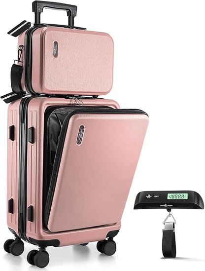 TRAVELARIM 22 Inch Carry On Luggage 22x14x9 Airline Approved, Small Carry On Suitcase, Hard-shell Carry-on Luggage with Wheels, Durable Pink Luggage Carry-On with Cosmetic Case and Luggage Scale