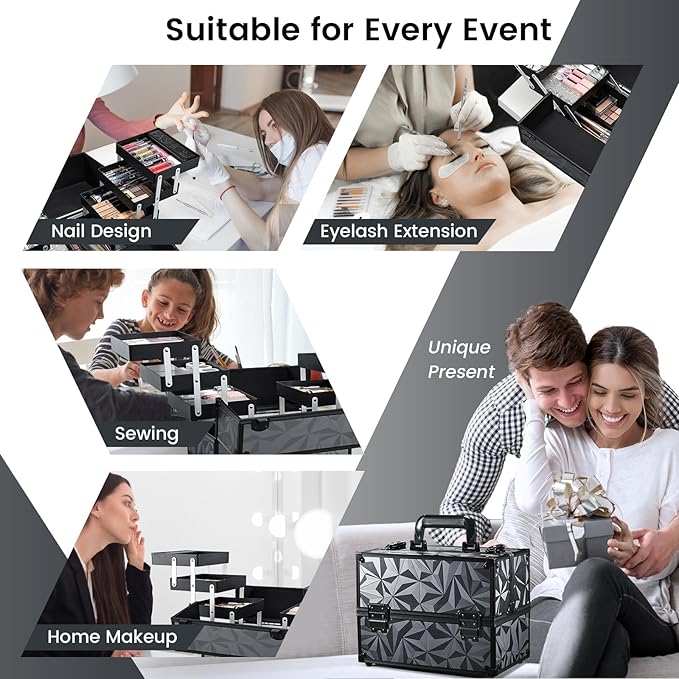 FRENESSA Makeup Train Case Makeup Case 11.8 Inch Large Cosmetic Box Organizer Travel Storage Professional Make Up Train Carrying Case with 6 Trays Locking Hard Vanity Storage Dark Black