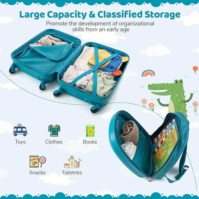 HONEY JOY Kids Luggage, Travel Backpack & Hard Shell Toddler Suitcase, Children Rolling Luggage with Wheels, Retractable Handle & 4 Casters, 2Pcs Carry On Luggage Set for Boys Girls(Green Dinosaur)