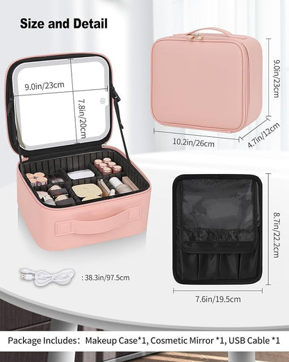TANTO Makeup Bag With LED Mirror, Travel Makeup Case with Light up Mirror Large Cosmetic Case with 3 Color Lighted Portable Professional Organizer Bag with Adjustable Dividers（Pink）