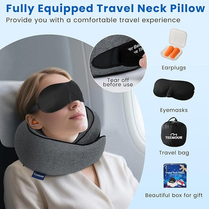 Teemour Travel Neck Pillow Airplane 360° Support Memory Foam Travel Pillows for Airplanes with Eye Mask & Ear Plugs, Portable Carry Bag for Travel & Office, Essentials for Home, Business Trip, Large