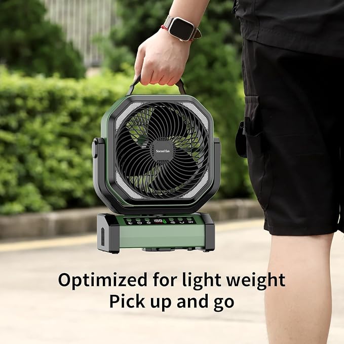 Socool Camping Fan with Light - 20000mAh Rechargeable Battery Fan, 112Hrs Max Run Time, 9 Speeds, Digital Display, Timer, Auto Oscillation, 270° Pivot & Hook for Camping, Power Outage, Hurricane