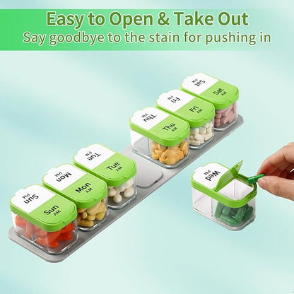 Daviky Large Weekly Pill Organizer 2 Times a Day, Extra Large Travel Pill Box 7 Day, Am Pm Twice Daily Pill Case, Pill Holder Container for Vitamin, Medicine, Supplement, Fish Oil, BPA Free, Green