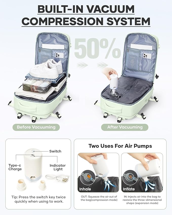 coofay Vacuum Backpack Travel with Pump Vacpack Travel Backpack with Vacuum System Compression Backpacks