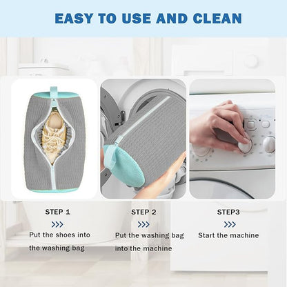 Shoe Washing Machine Bag, 2Pcs Laundry Shoe Bags for Washer and Dryer, 360° Deep Clean, Reusable Cleaning Kit for All Shoe Sizes, Endurable Zipper Washing Bag for Sneaker Gym Shoes, Gray