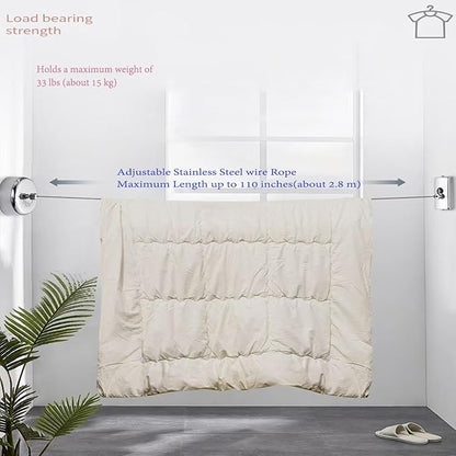 Clothes Line Retractable Clothesline of 304 Stainless Steel with Heavy Duty Adjustable Stainless Steel Wire Rope Retracting Clothes line Polished Chrome Finished