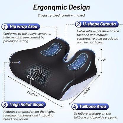 Ergonomic Seat Cushion for Office Chair, Extra Large Car Seat Cushion, Memory Foam Chair Cushion for Tailbone Pain Relief & Pressure Relief Sciatica and Back Support for Long Sitting (Blue)
