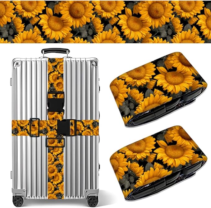 2PC,Sunflower Luggage Strap 1.97 x 70.84 inch Yellow Floral Design Adjustable Suitcase Belt Durable Nylon Baggage Identifier Travel Accessory for Bright Summer Trips