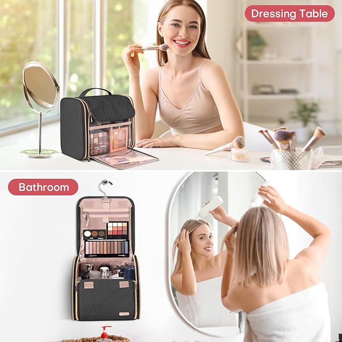 Hanging Toiletry Bag & Makeup Bag for Women with Jewelry Organizer - TSA Approved Large Capacity Travel Cosmetic Organizer, Waterproof Shower Essentials Case with Transparent Pockets, Black