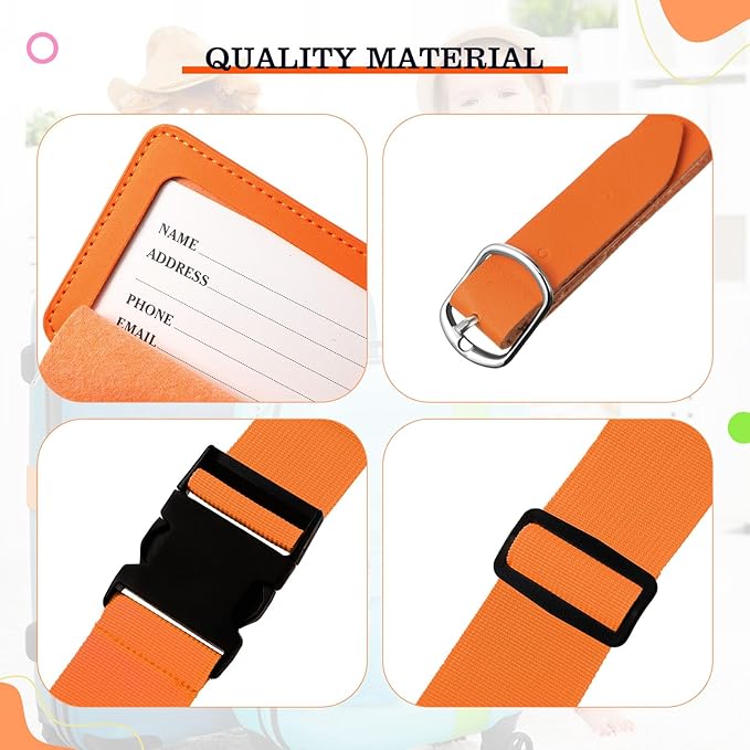 Reginary 8 Pcs Luggage Straps Suitcase Tags Set 4 Travel Adjustable Suitcase Belt 4 PU Leather Luggage Tags Accessories (Orange)