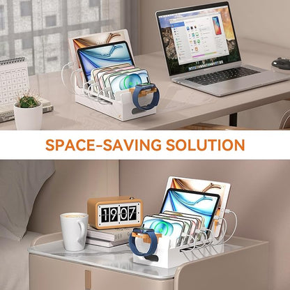 Pezin & Hulin Bamboo Charging Station with Watch Stand, Docking Holder for Multi Device with 5 Port USB Charger HUB, 5 Charge Cables, Desktop Electronic Organizer for Cellphone, Tablet, Watch-White