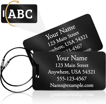 Two Custom Engraved Aluminum Luggage Tags (Black)