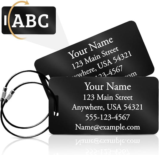 Two Custom Engraved Aluminum Luggage Tags (Black)