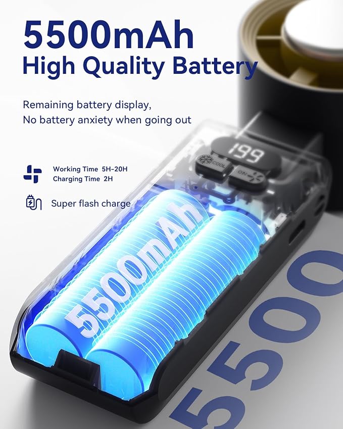 2 Pack Handheld Portable Turbo Fan with Ice Cooler, Speed (1-199) 5500mAh*2 Rechargeable Personal Fan,[20H Cooling Time] Mini Yet Powerful, Small Pocket Fans for Travel/Outdoor/Office, Black Gold