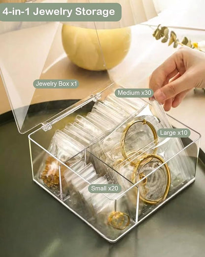 4 In 1 Acrylic Jewelry Organizers and Storage with 60 Portable Anti Tarnish Jewelry Bags, Clear Jewelry Box Organizer, Travel Jewelry Case for Earrings/Rings/Necklaces for Women Girls