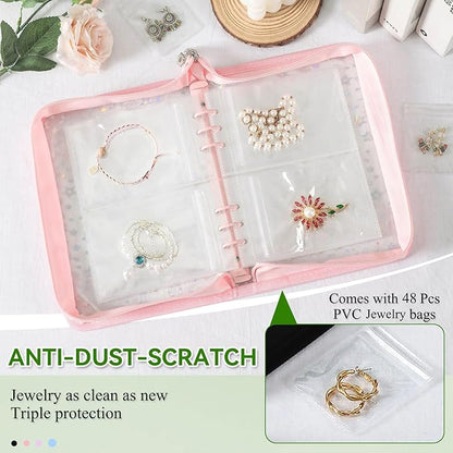 Jewelry Organizer Case Travel Clear Earring Organizer Case Transparent Jewelry Storage Book with Clear Zippered Jewelry Pouch (Pink, with 48 Pcs large Jewelry Pouches)