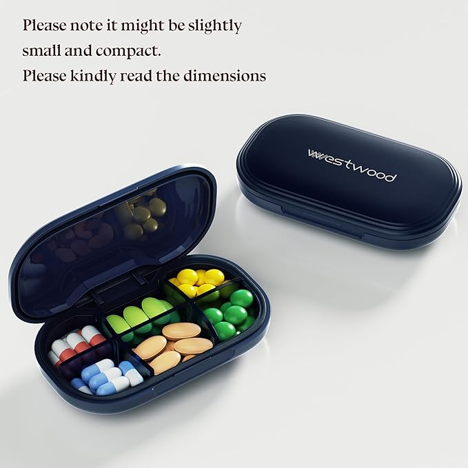 6-Compartment Pill Organizer - Small Compact Daily & Travel Pill Case Container for Vitamins, Medication and Supplements - Portable Blue Medicine Pill Box Holder with Stylish Cute Design