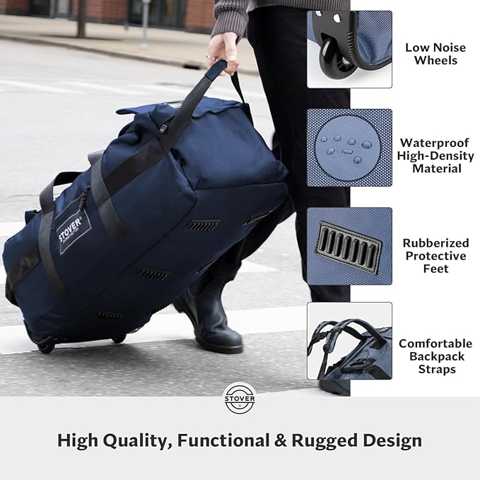 STOVER 80L Rolling Duffel Bag with Wheels, Large Durable Travel Duffle + Toiletry Bag, Heavy Duty, Packable, Foldable with Shoulder Straps- Use as Luggage or Backpack, Men/Women (Navy Blue)