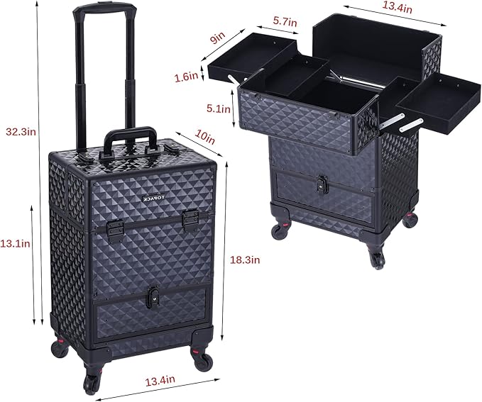 TOPACK Rolling Makeup Train Case,360°Rotaing Wheel Aluminum Cosmetic Case with Trolley 4-Tray for Tattoo/Barber/Nail Tech Travel Cart Organizer 13.1 * 9.8 * 18.3in BLACK (BLACK)