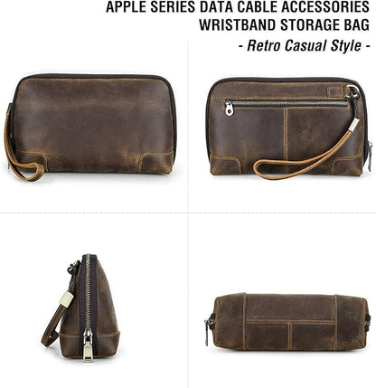Electronic Organizer Zipper Bag Tech Pouch, Top Grain Leather Handmade, Portable Compact Travel Storage Cases Fits Apple Accessories, Phone, USB Cables, Power Banks, Chargers, Hard Drive