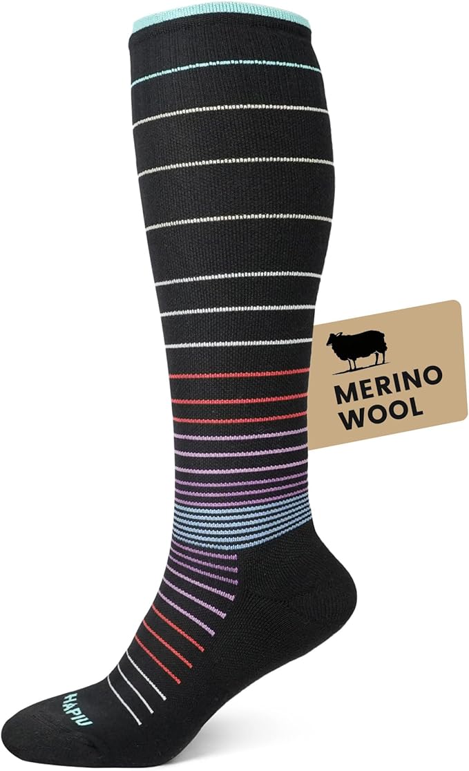 HAPIU Merino Wool Easy On Compression Socks for Women & Men, 15-20 mmHg, Plus Size Knee High Stocking for Nurses, Pregnancy, Travel, Flight, Medias de Compresión Mujer