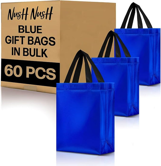 Nush Nush Shiny Blue Gift Bags Bulk Medium Size – Set of 60 Reusable Gift Bags With Handles - Ideal for Party Favors, Goodies, Birthday Parties, Small Business, Christmas and Holidays – 8Wx4Dx10H