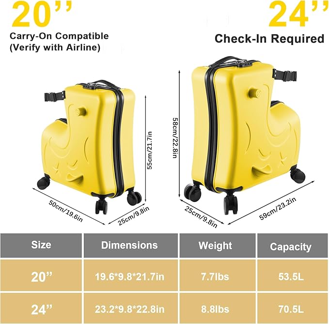 20 Inch Kid Ride Suitcase, Kid Travel Trolley With Safety Belt, Kids Luggage Seat Ride With Lock, Luggage For Kids Airplane Travel,Suitcase To Aged 1-6 Years Old, ABS+PC (Yellow)