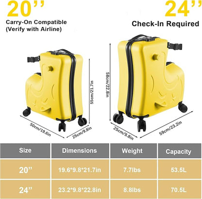 20 Inch Kid Ride Suitcase, Kid Travel Trolley With Safety Belt, Kids Luggage Seat Ride With Lock, Luggage For Kids Airplane Travel,Suitcase To Aged 1-6 Years Old, ABS+PC (Yellow)
