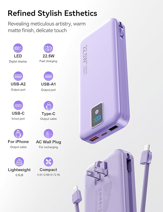 Portable Charger, 12000mAh 22.5W Fast Charging Power Bank with Built-in Cables & Wall Plug, Travel Essentials Battery Pack with LED Display, USB C External Battery Bank for iPhone iPad, Samsung Purple